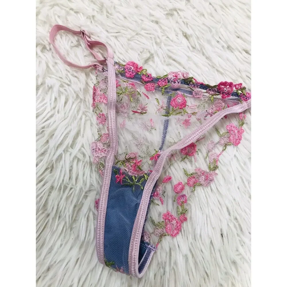 Multicolor Pink Thong Panty M MEDIUM Strappy Mesh Floral NWOT